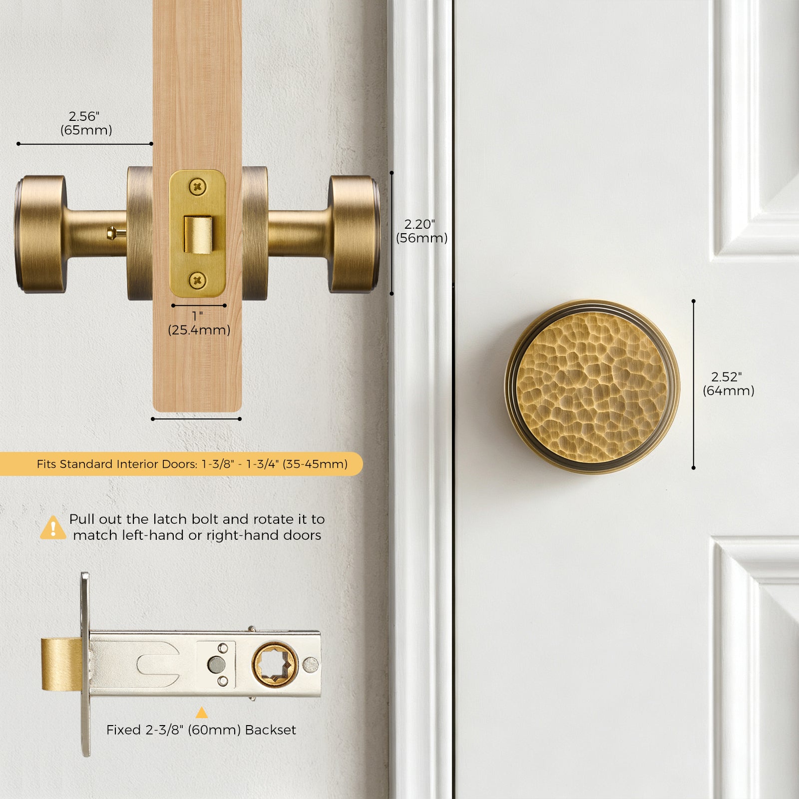 Antique brass door knob dimension diagram showing 2-3/8 inch backset and door thickness specifications