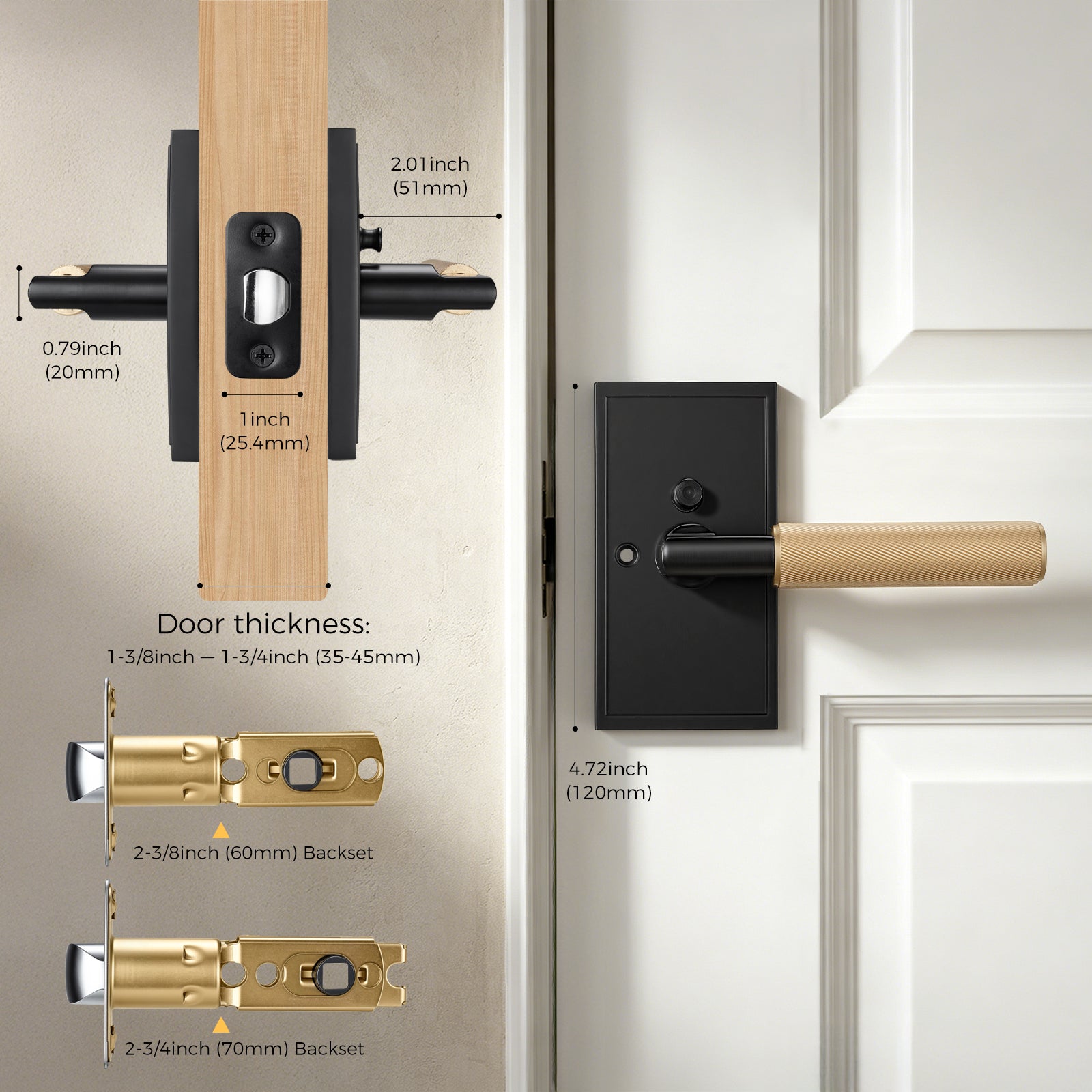 Installation diagram of privacy door lever featuring adjustable latch