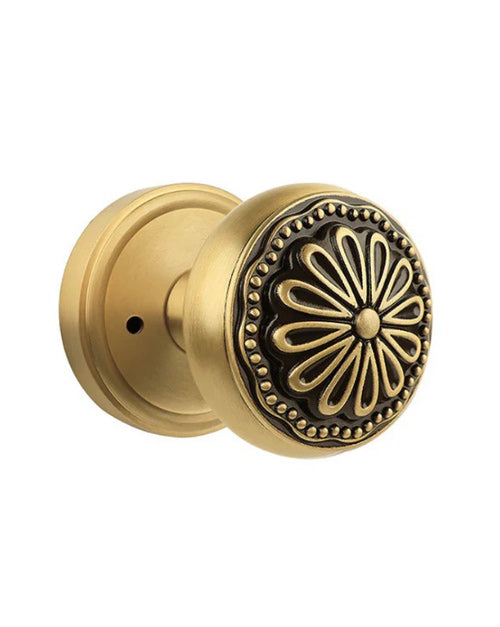 Brushed Brass Floral Privacy Door Knob | Brass-on-Black Art Deco Handle for Bedroom & Bathroom