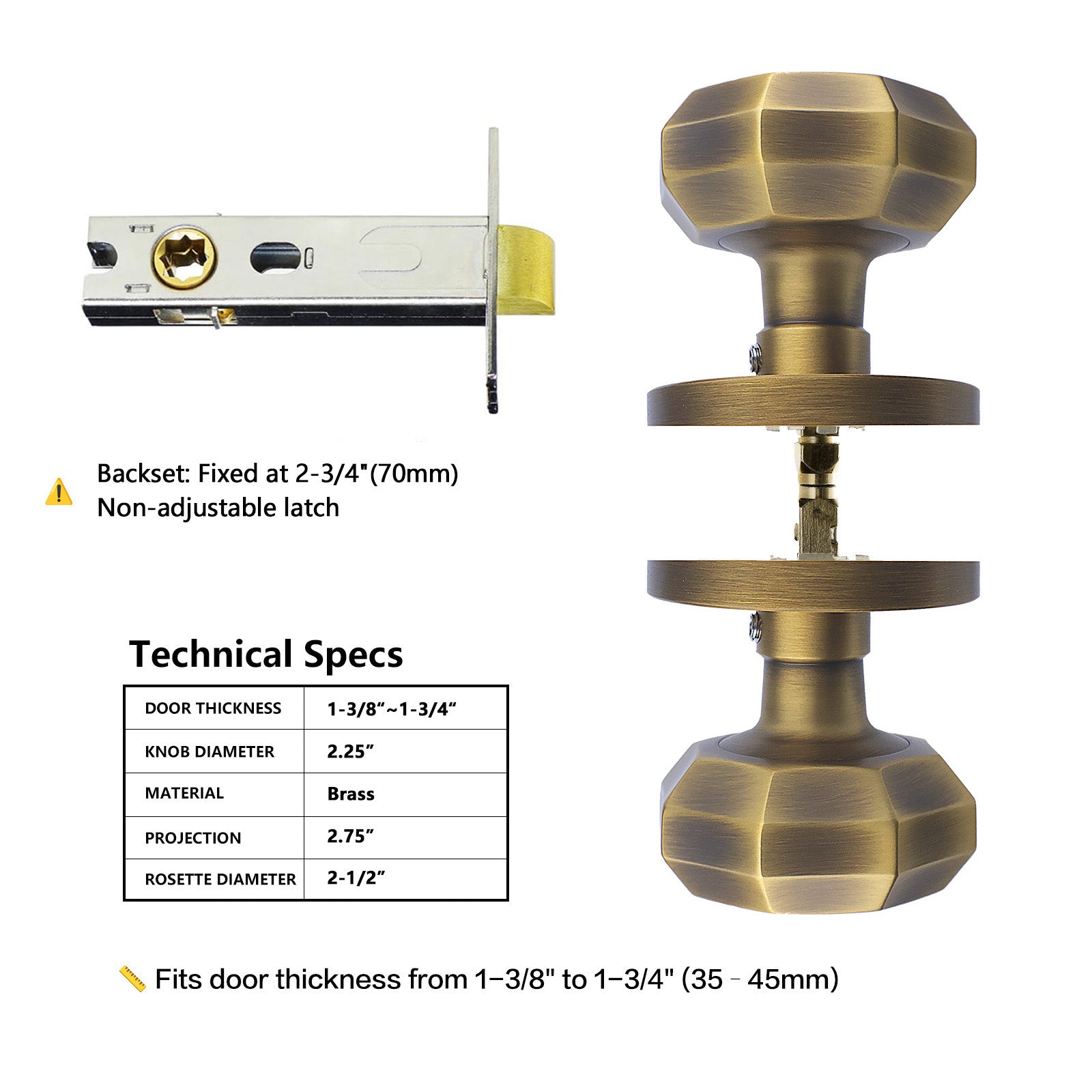 Technical specifications diagram for antique brass passage door knob with 2-3/4 inch fixed backset
