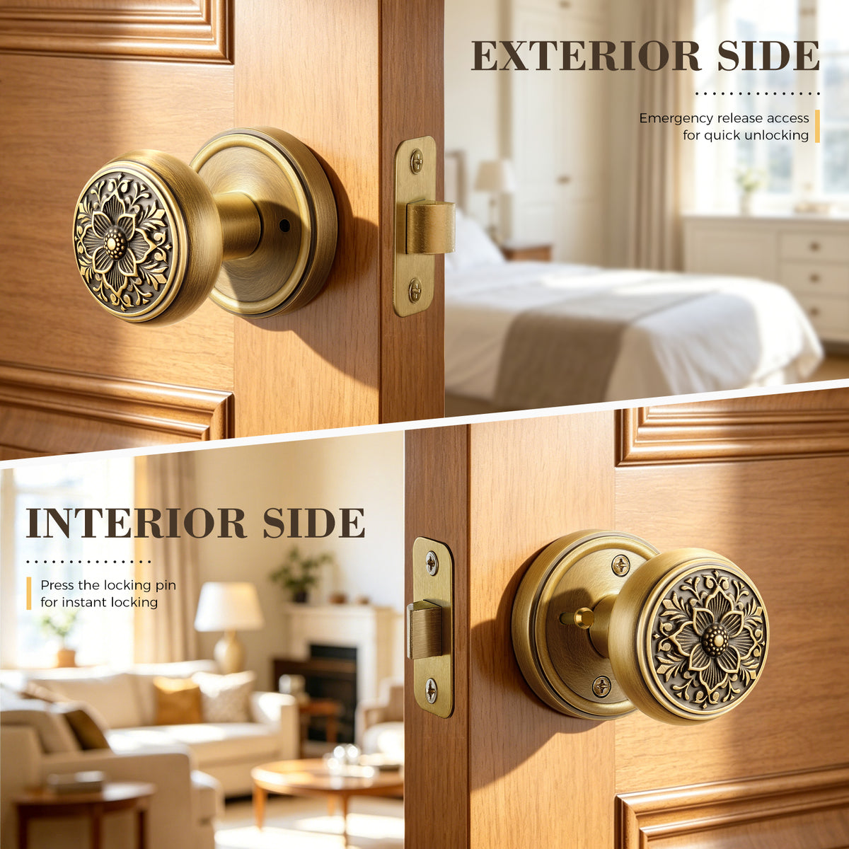 Antique brass privacy door knob set with decorative floral pattern, showing exterior and interior sides. Exterior features emergency release access, interior includes push-button locking. Perfect for bedroom and bathroom doors.