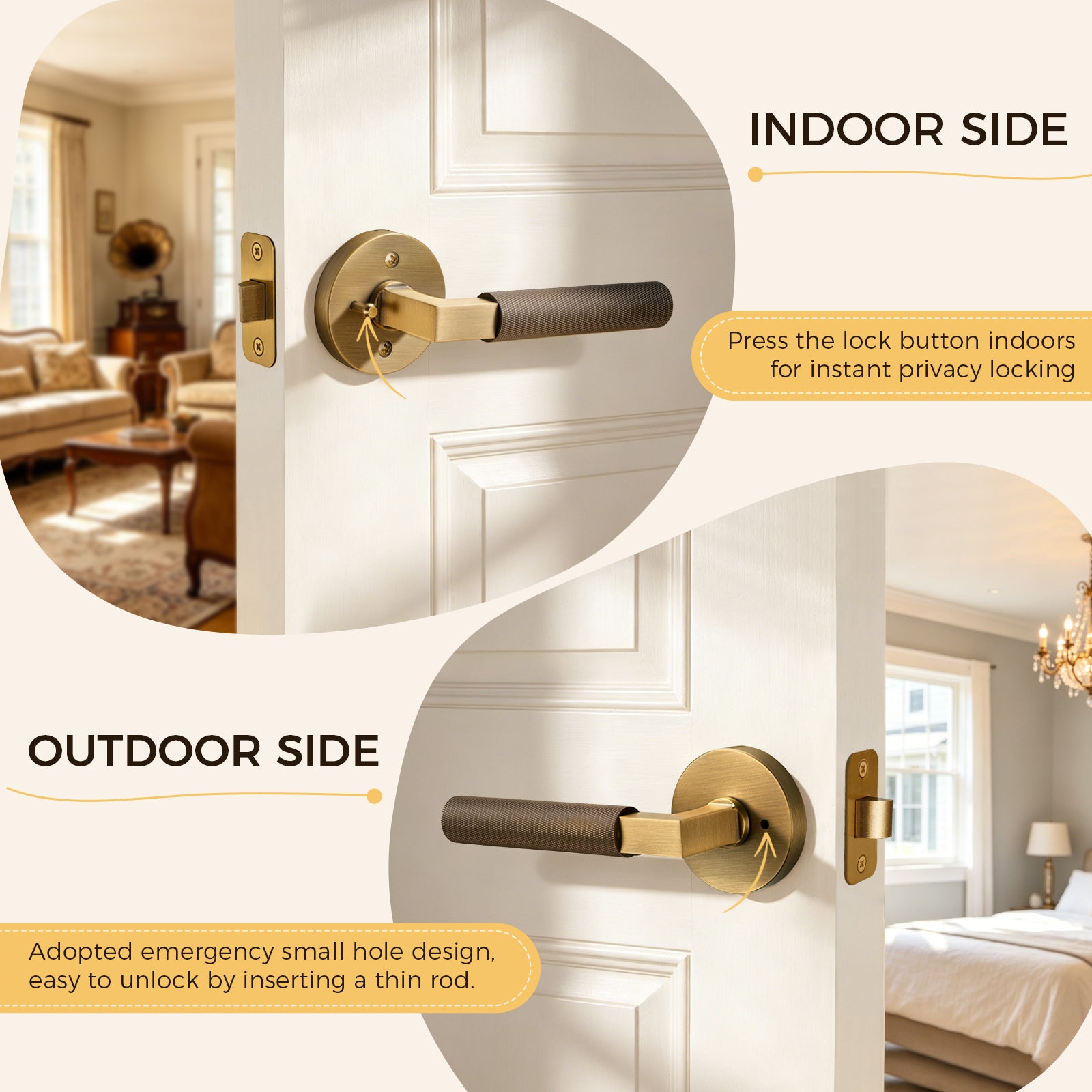 The Art of Precision Knurling | Antique Brushed Brass Diamond-Cut Linear Privacy Door Lever for Bedrooms & Bathrooms
