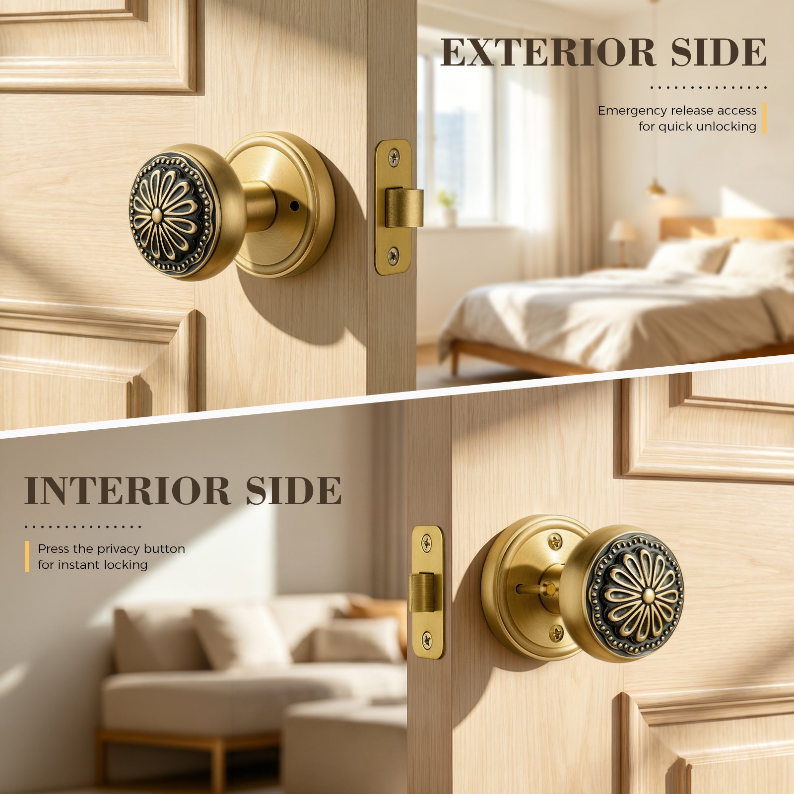 Brushed Brass Floral Privacy Door Knob | Brass-on-Black Art Deco Handle for Bedroom & Bathroom