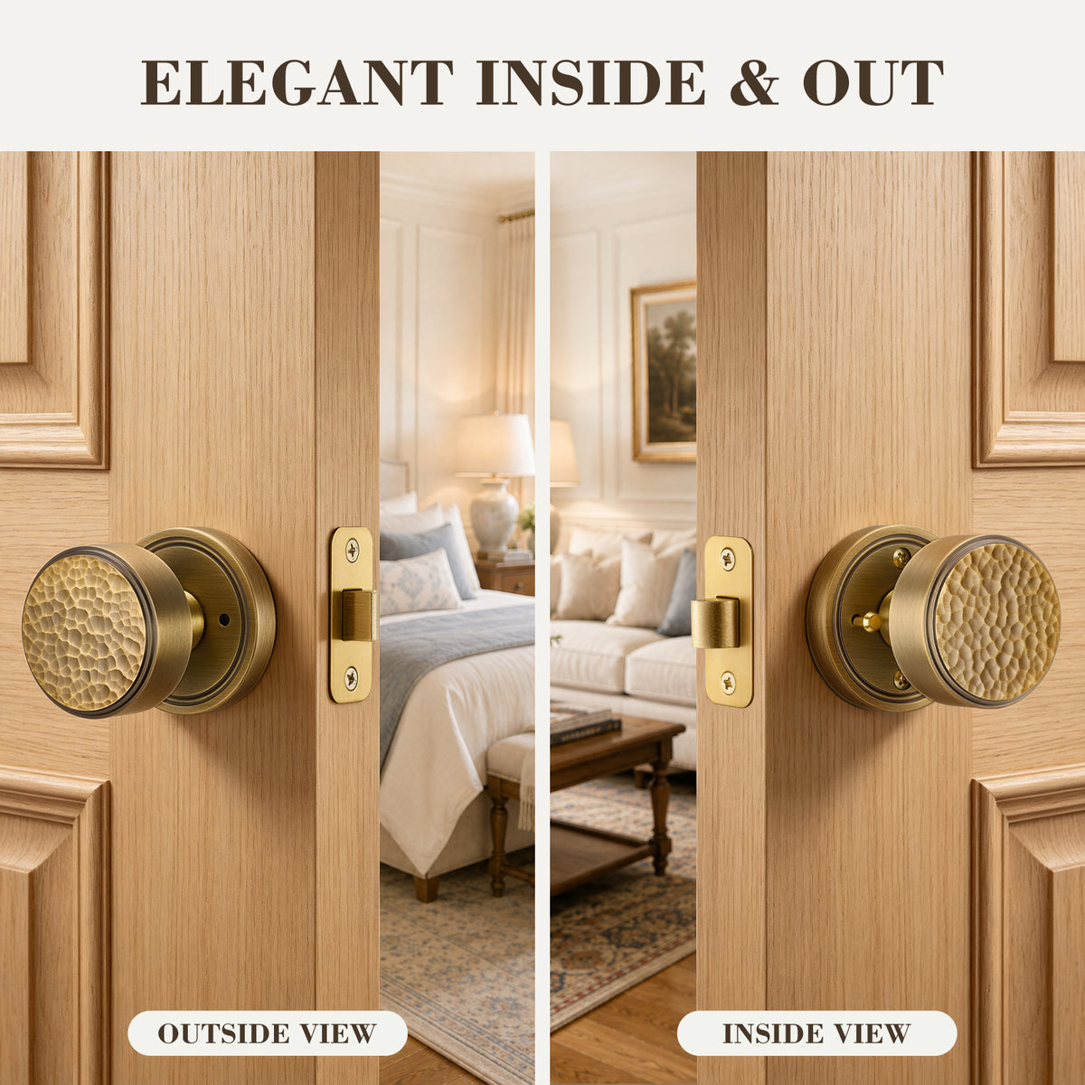 Detailed composite illustration showing both outside and inside views of a bedroom door, featuring matching hammered-texture antique brass round door knobs on light-wood doors. Visible text includes 'ELEGANT INSIDE & OUT', 'OUTSIDE VIEW', and 'INSIDE VIEW'. Includes a view of the bedroom through the doorway.