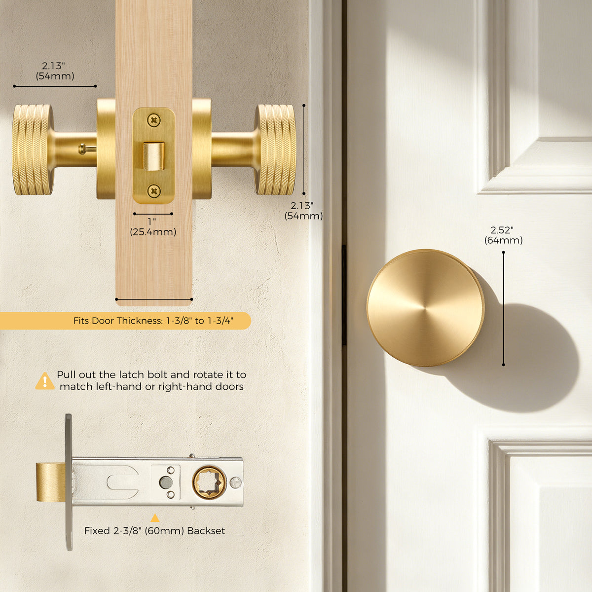 Modern brushed brass door knob set showing installation dimensions and reversible latch mechanism for interior doors.
