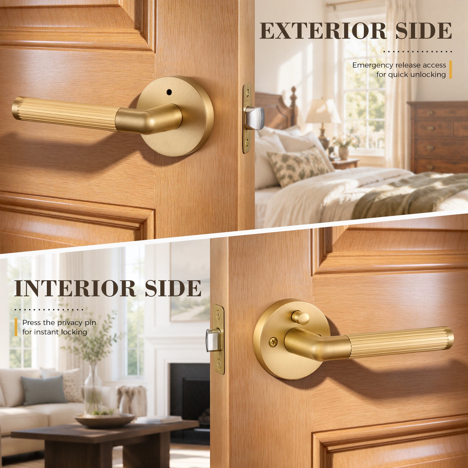 Flirabbit Solid Brass Fluted Door Lever - Modern, Privacy | Brushed Brass