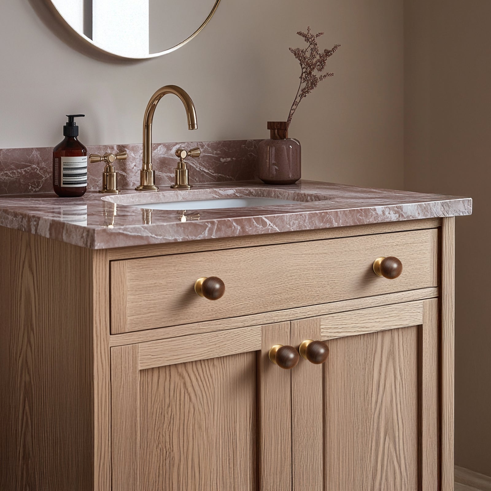 Wood and Brass Cabinet Knobs, 1-1/8inch Round Drawer Pull, Natural Wooden Handle for Furniture, Cabinets, and Drawers