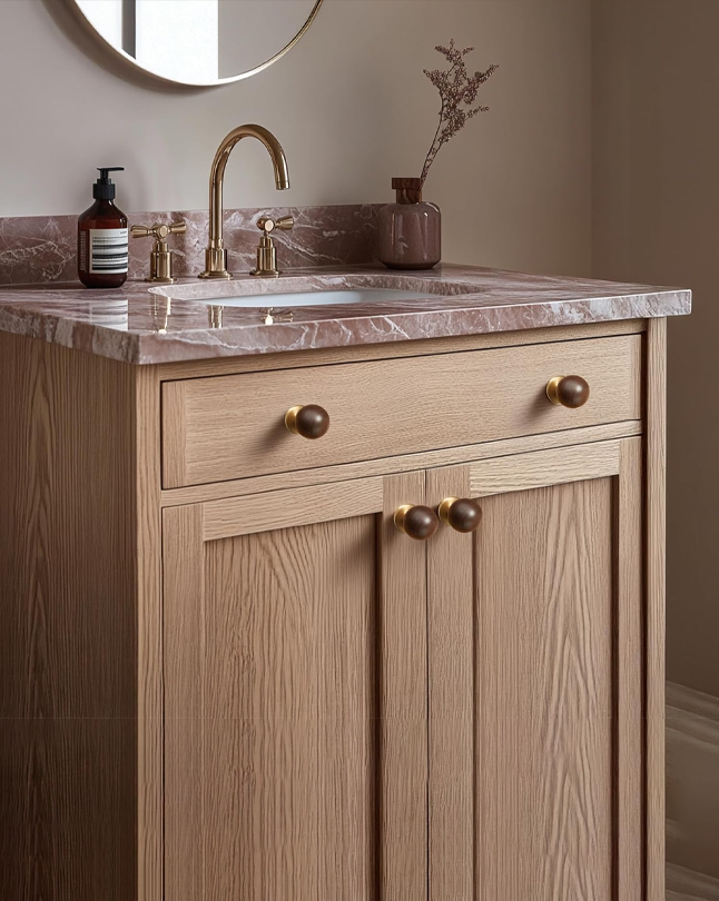 Wood and Brass Cabinet Knobs, 1-1/8inch Round Drawer Pull, Natural Wooden Handle for Furniture, Cabinets, and Drawers 2 Pack