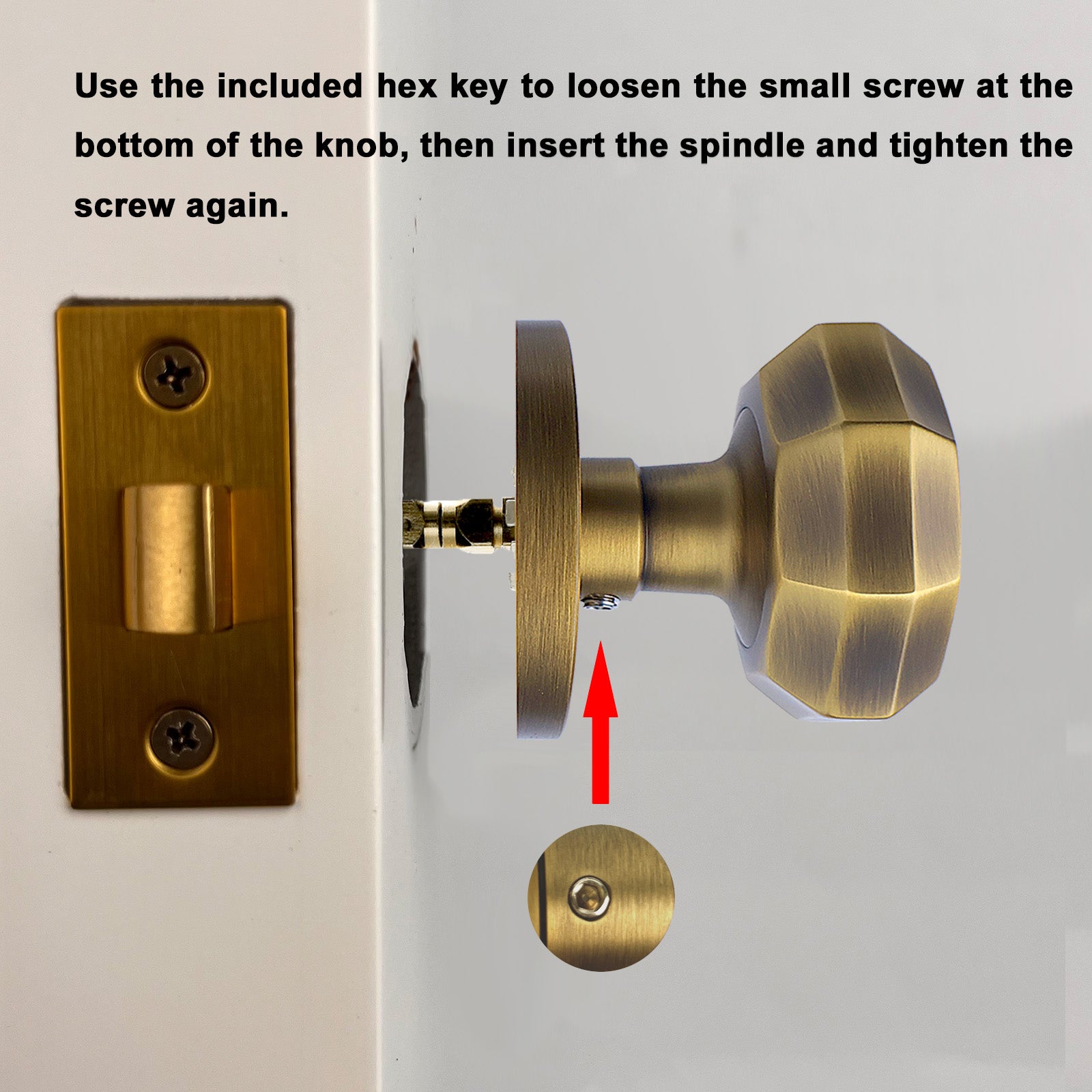 Installation instruction showing hex key tightening set screw on antique brass door knob neck
