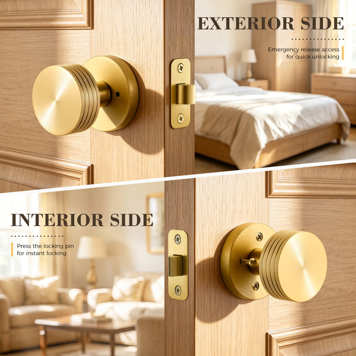 Knurled Brass Privacy Door Knob | Diamond-Grip Brushed Brass Handle for Bedroom & Bathroom