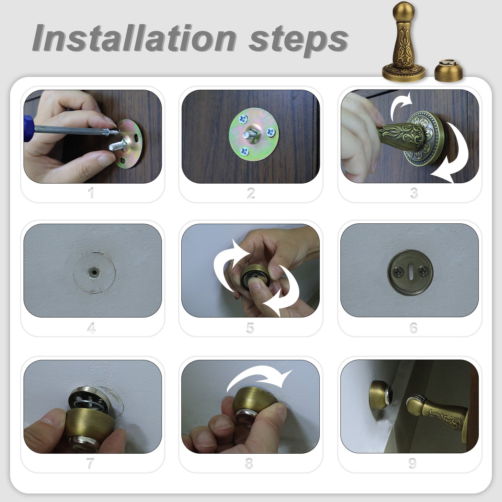 Antique Brass Magnetic Door Stop | Decorative Floral Brass Door Catch with Wall Magnet for Floor Mount