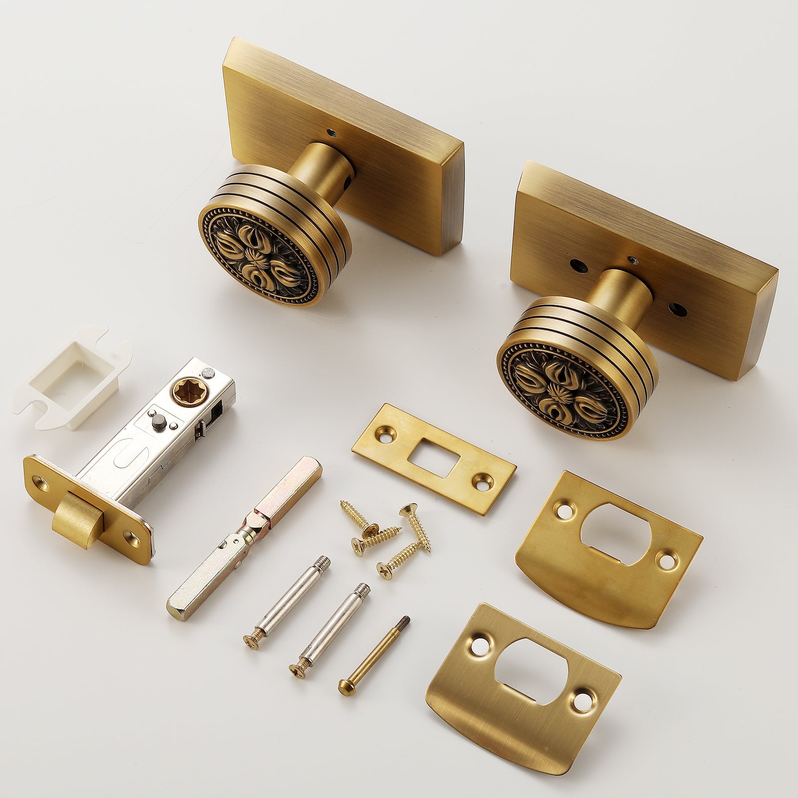 All hardware components and accessories for antique brass floral privacy door knob set