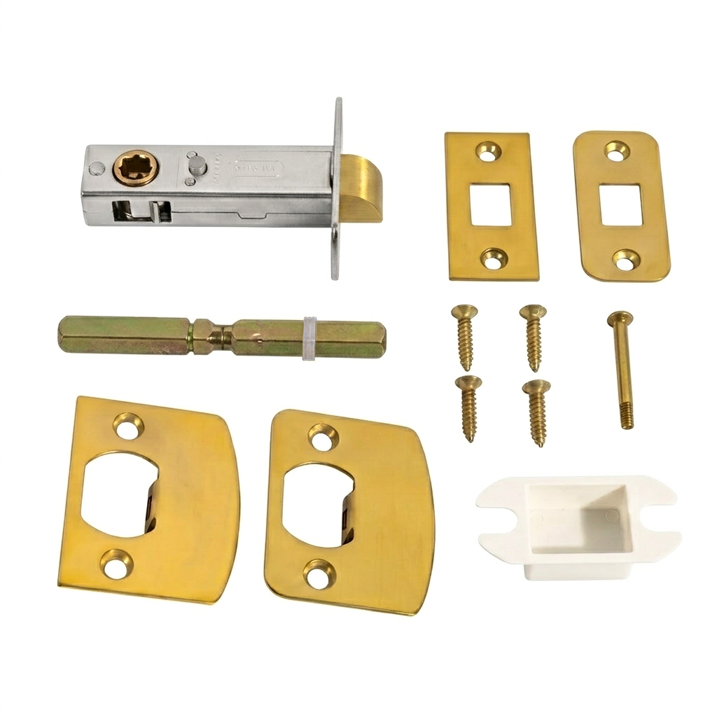 Flirabbit door handle mounting hardware kit with brass latch, strike plates, spindle and screws