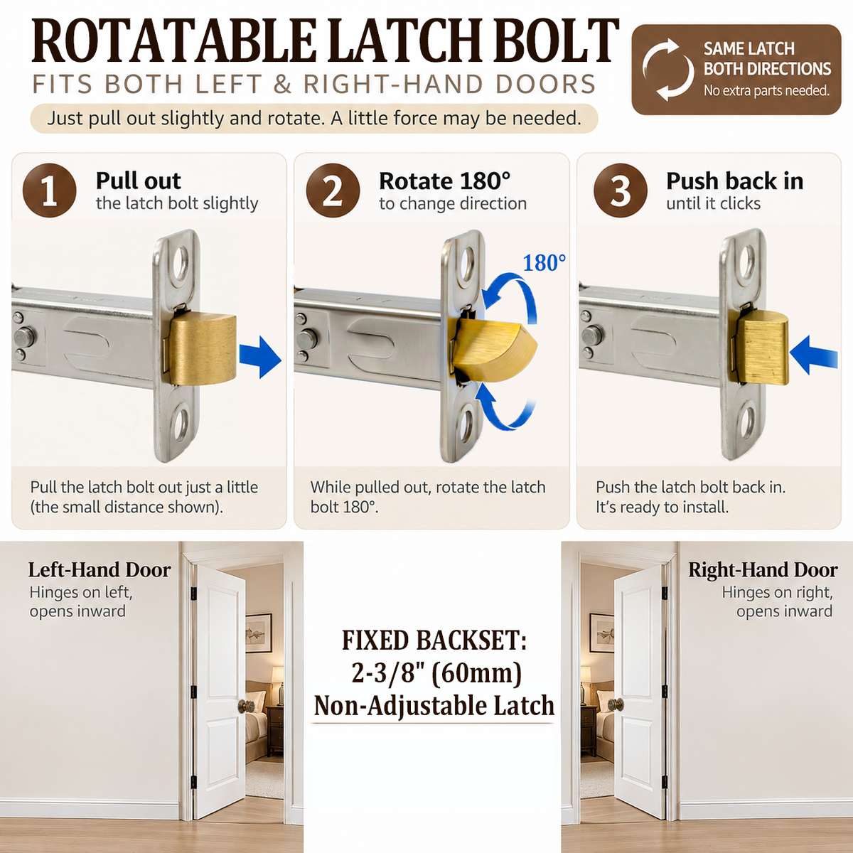 Step-by-step guide on how to reverse a 180-degree rotatable door latch bolt for left and right-hand doors with 2-3/8 inch fixed backset.