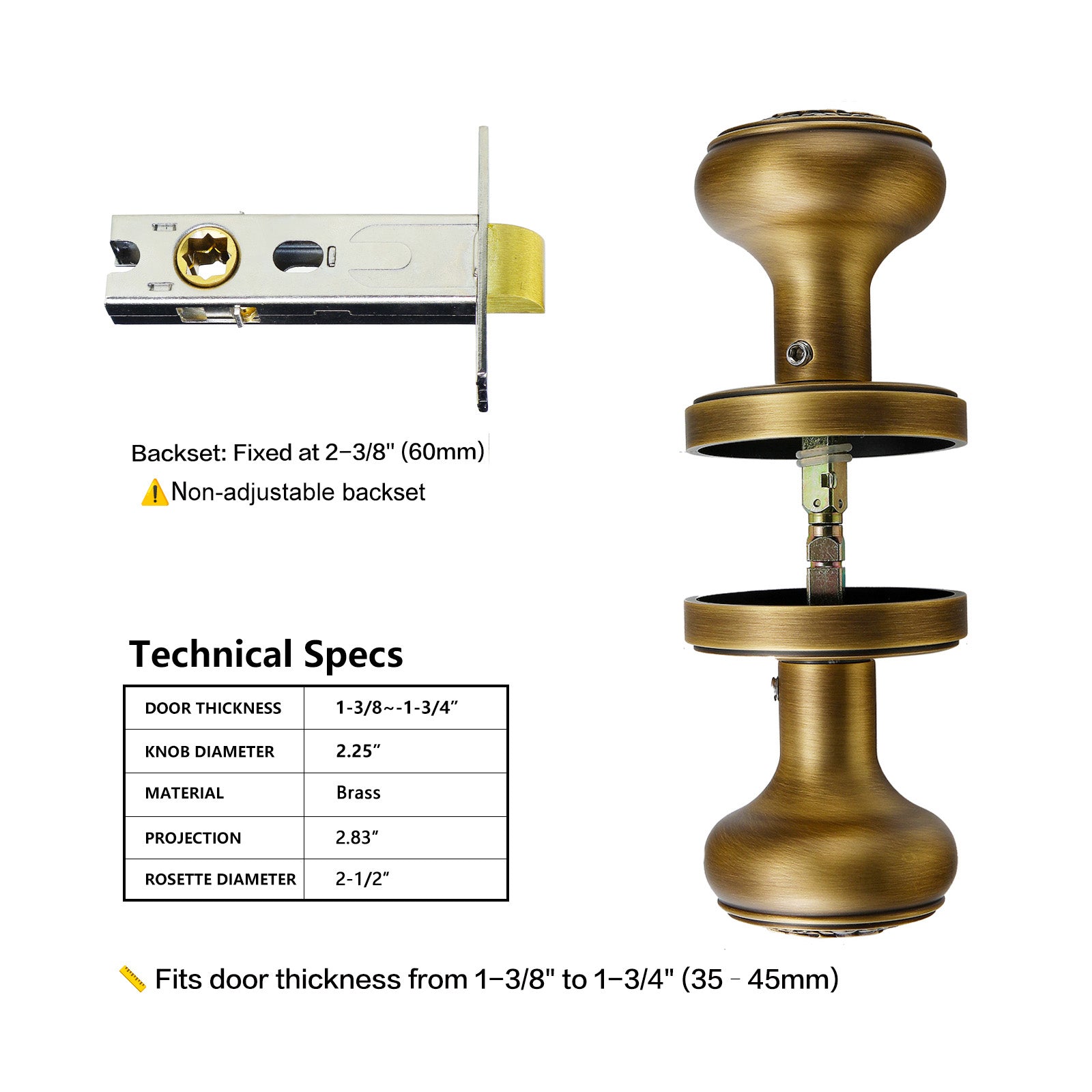 Technical specifications and dimensions chart for antique brass passage door knob with 2-3/8 inch fixed backset