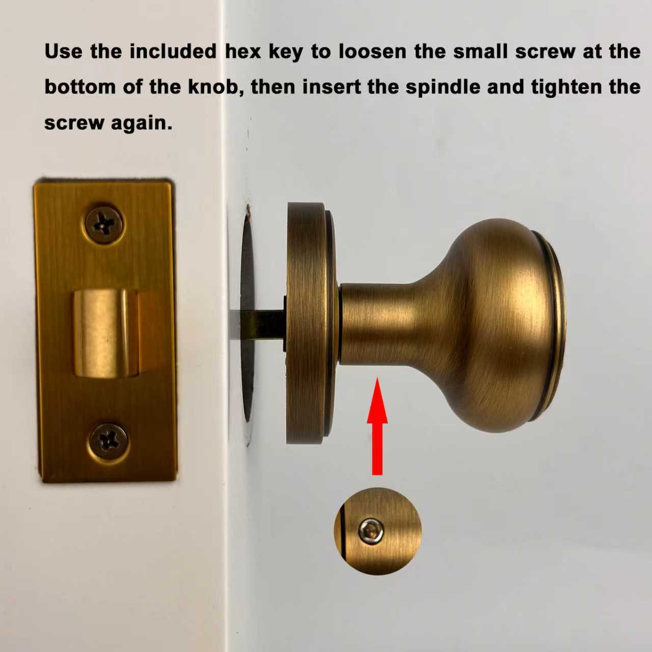 Installation step diagram showing how to loosen and tighten set screw with hex key on brass door knob