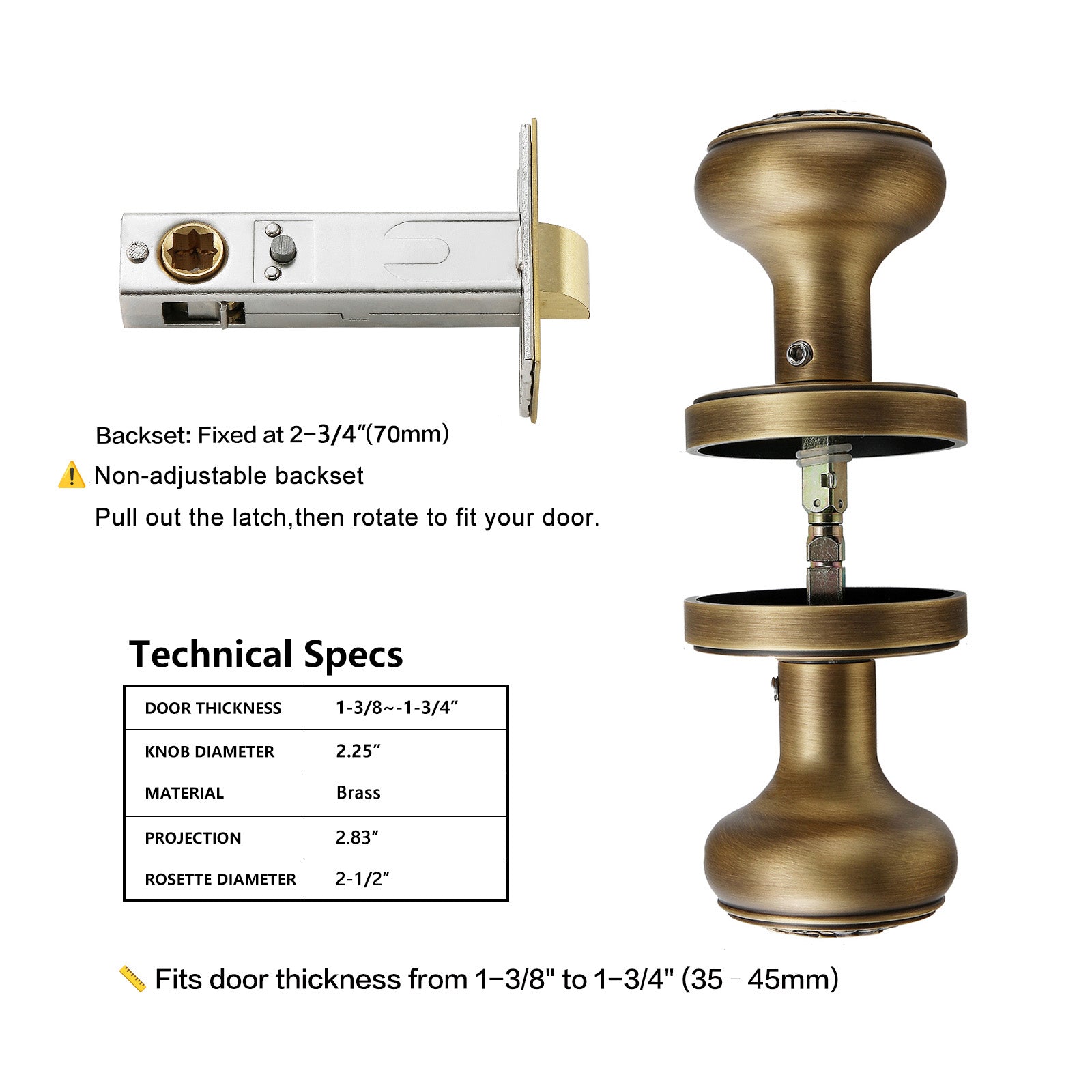Technical specifications and dimension chart for antique brass floral privacy door knob set