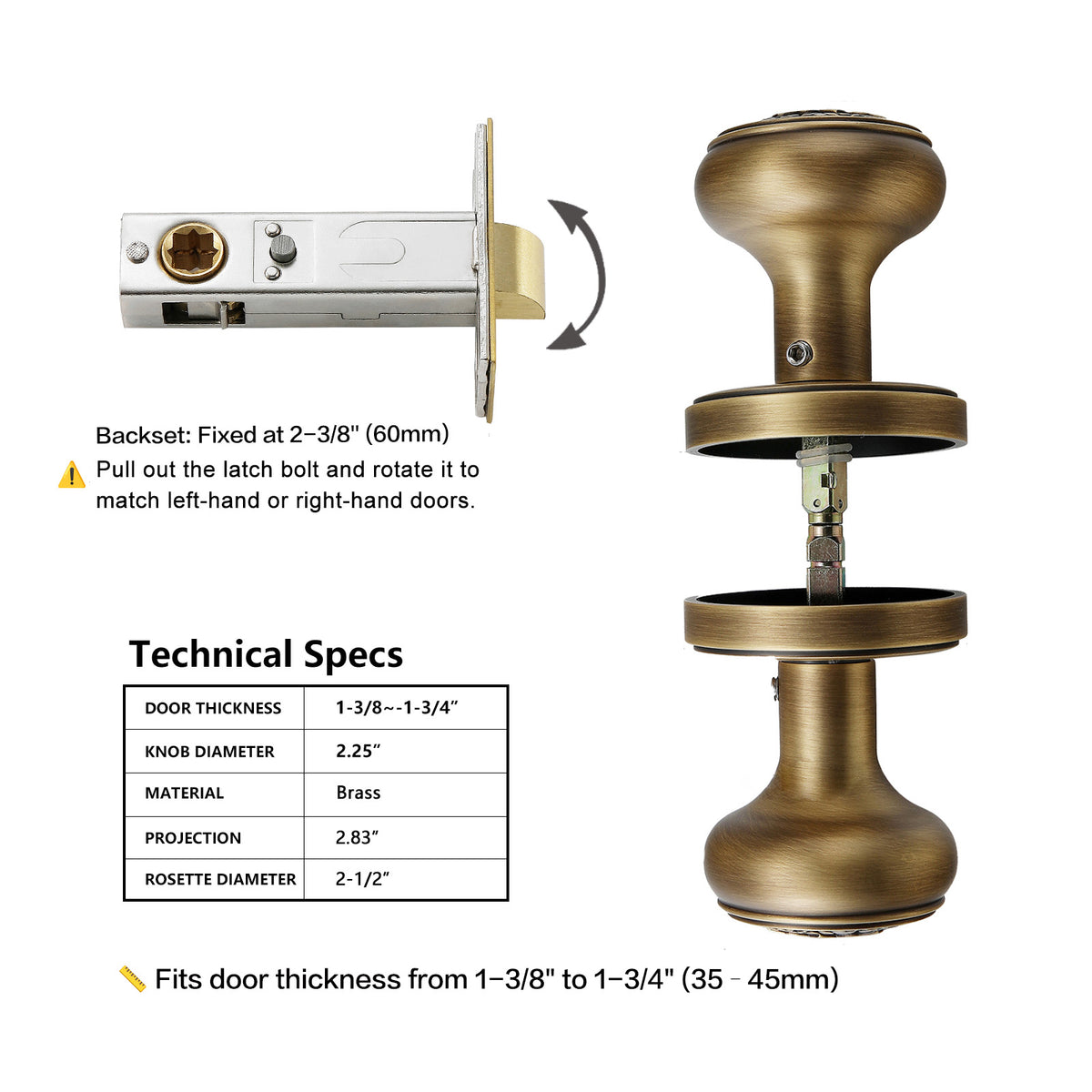 Antique Brass Floral Privacy Door Knob | Brass Vintage Interior Handle for Bedroom & Bathroom