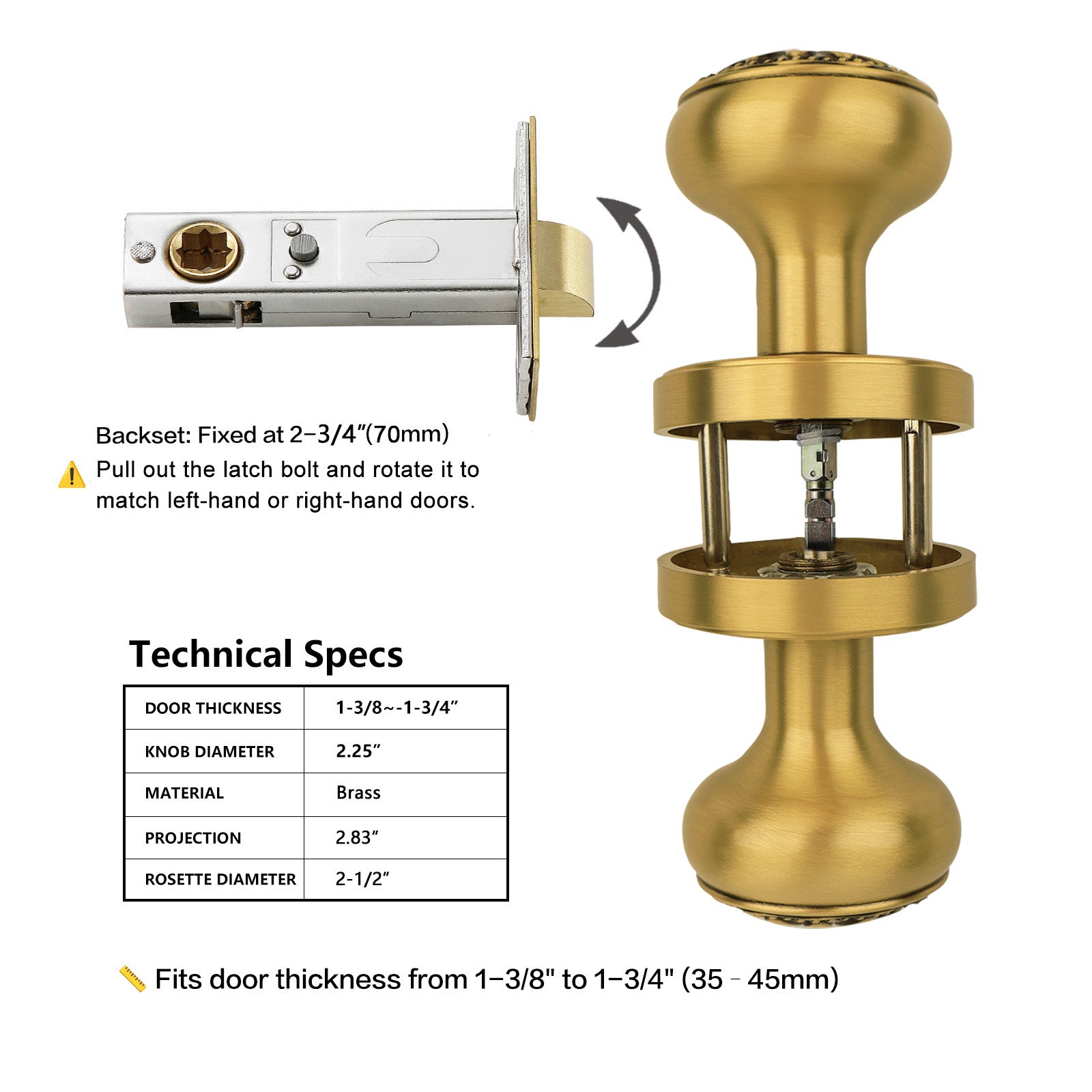 Brushed Brass Floral Privacy Door Knob | Brass-on-Black Art Deco Handle for Bedroom & Bathroom