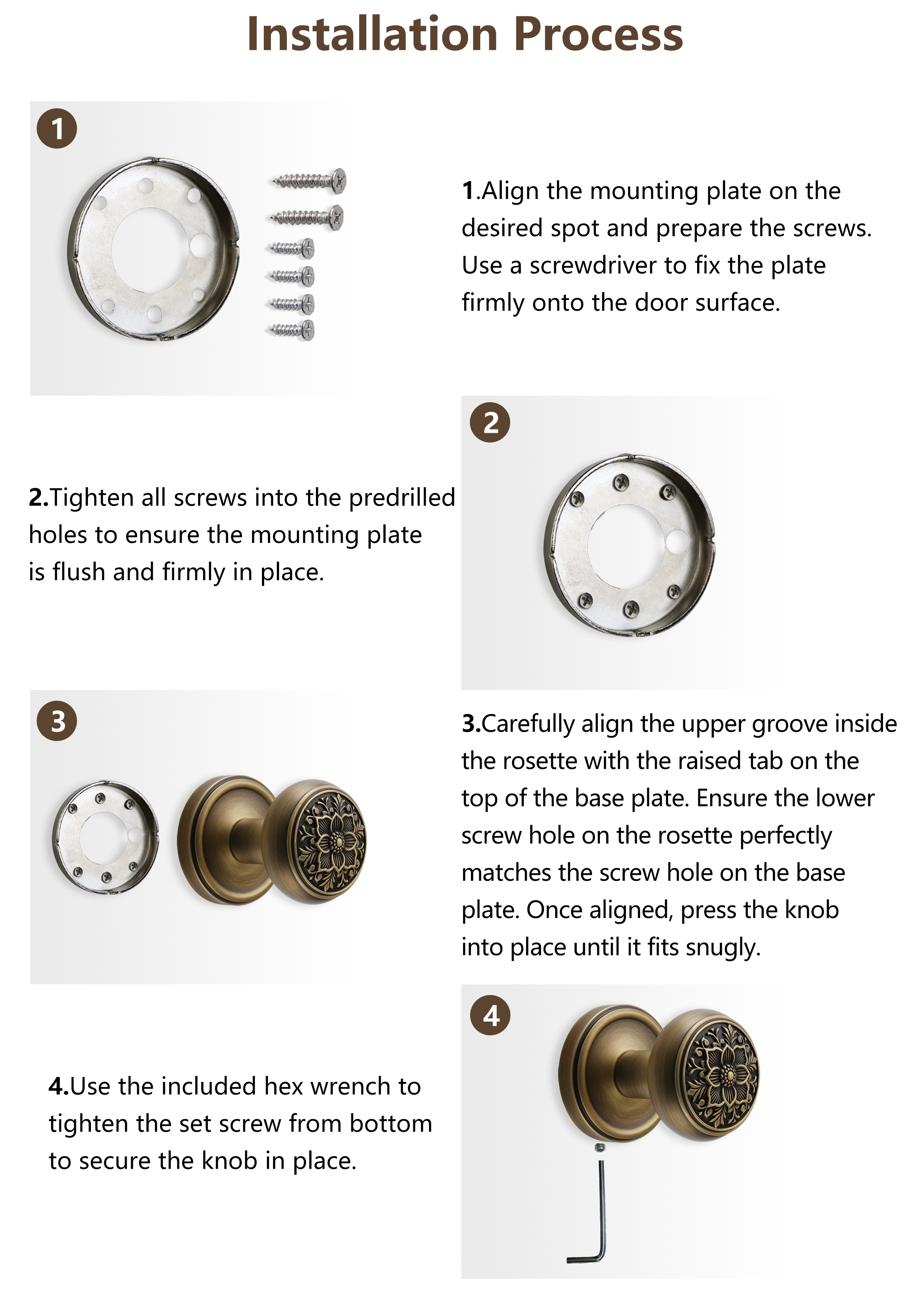 Step-by-step installation guide diagram for non-turning dummy door knob set