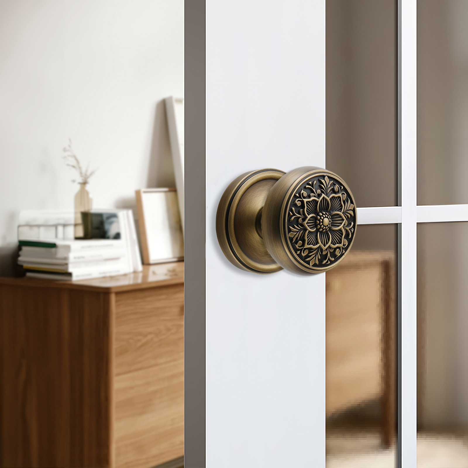 Antique Brass Floral Dummy Door Knob Set | Decorative Brass Handle for Closet & French Doors (2 Pack)