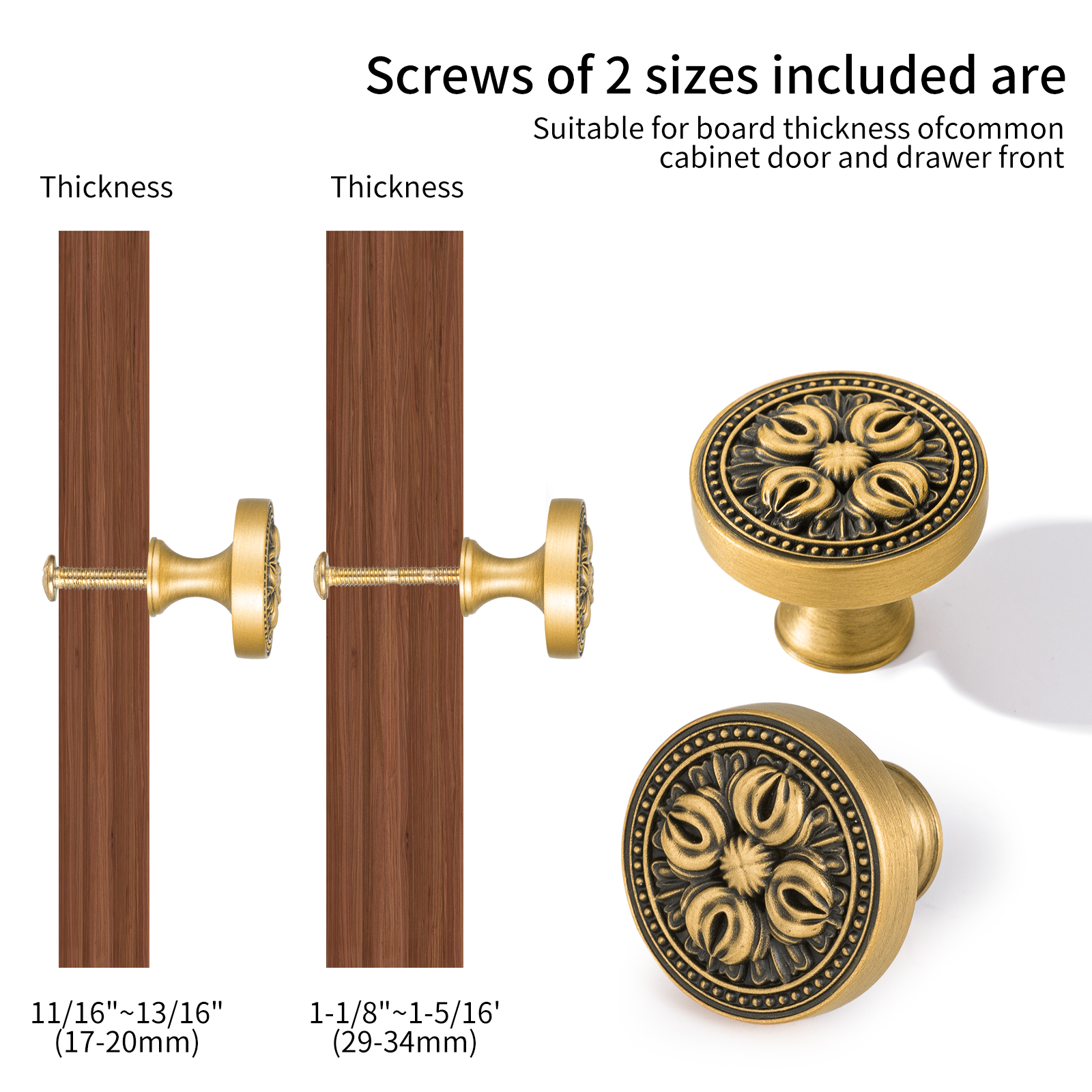Diagram illustrating two included screw lengths for different cabinet door and drawer thickness options