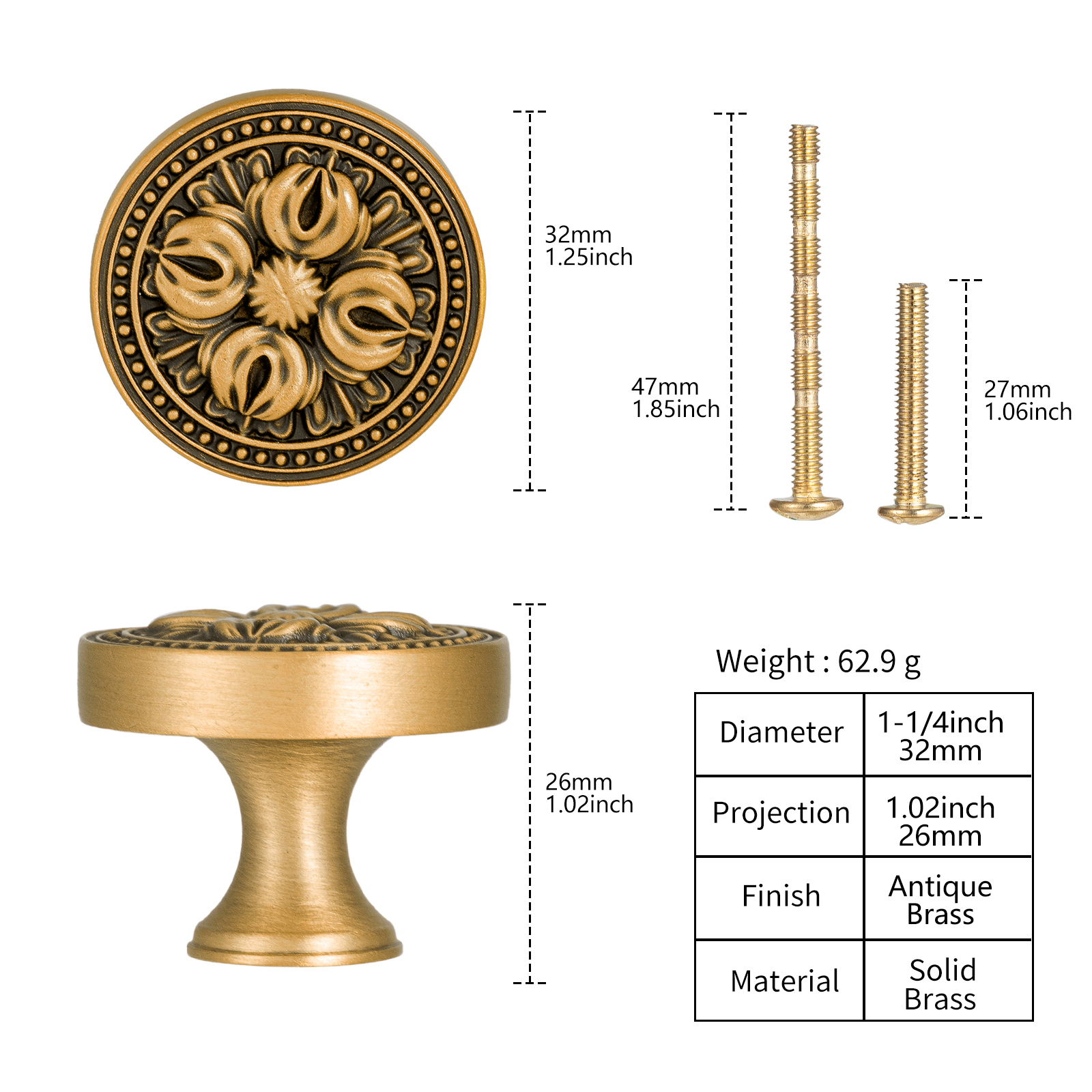 Technical dimension and spec diagram for 1-1/4 inch 32mm antique brass floral cabinet knob