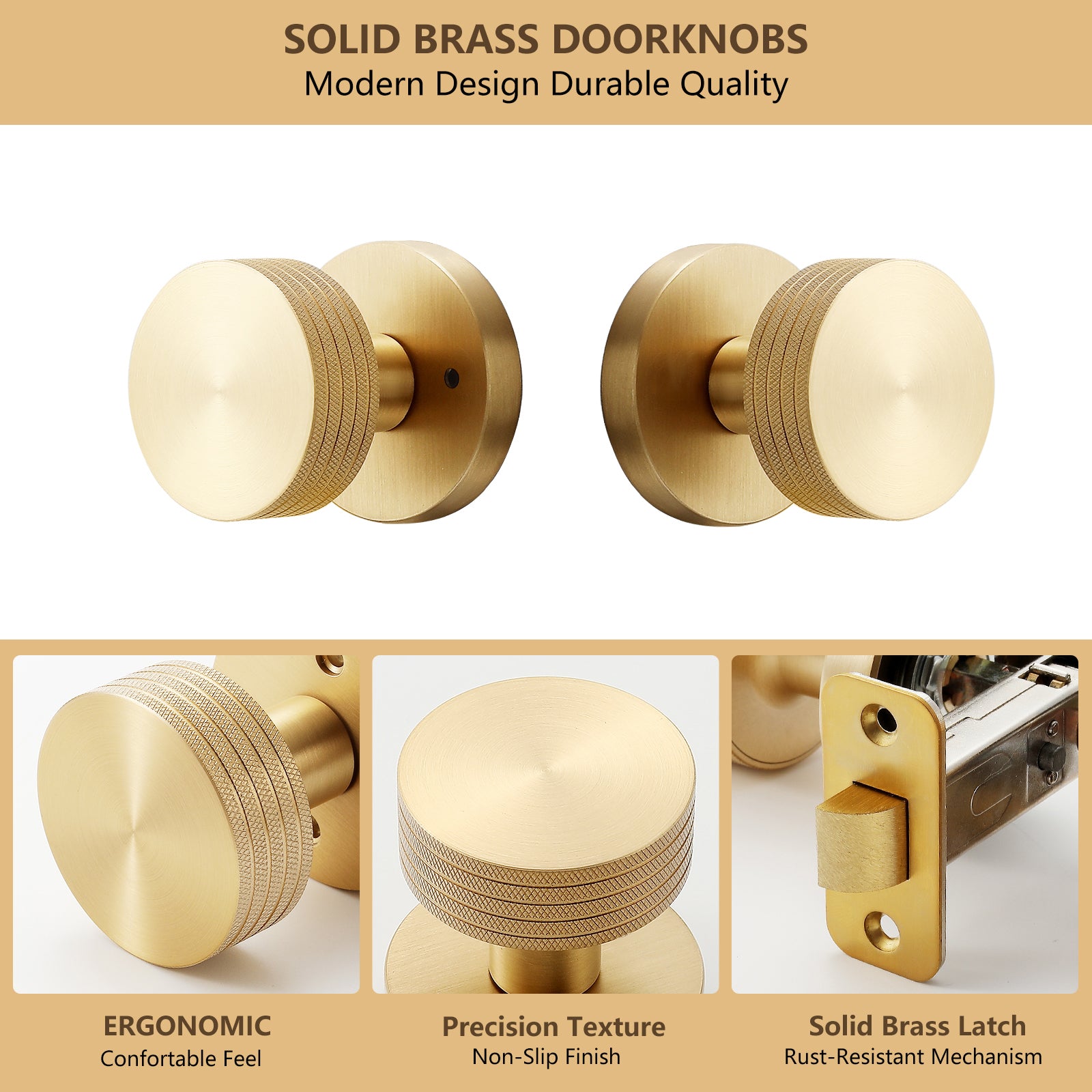 Product feature details of knurled brass passage door knob showing ergonomic grip texture and solid brass latch