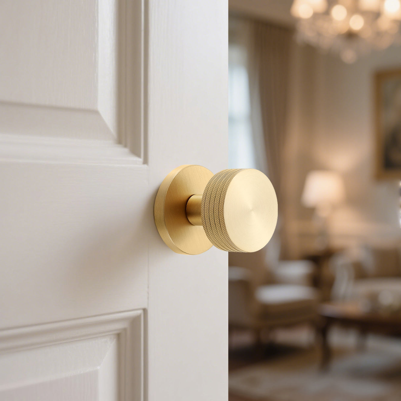 Knurled Brass Passage Door Knob – Industrial Style Grip Handle, Solid Brass Build, Brushed Finish – Fixed 60mm Backset for Hallway & Closet (Brushed Brass, Passage-2.375 in)