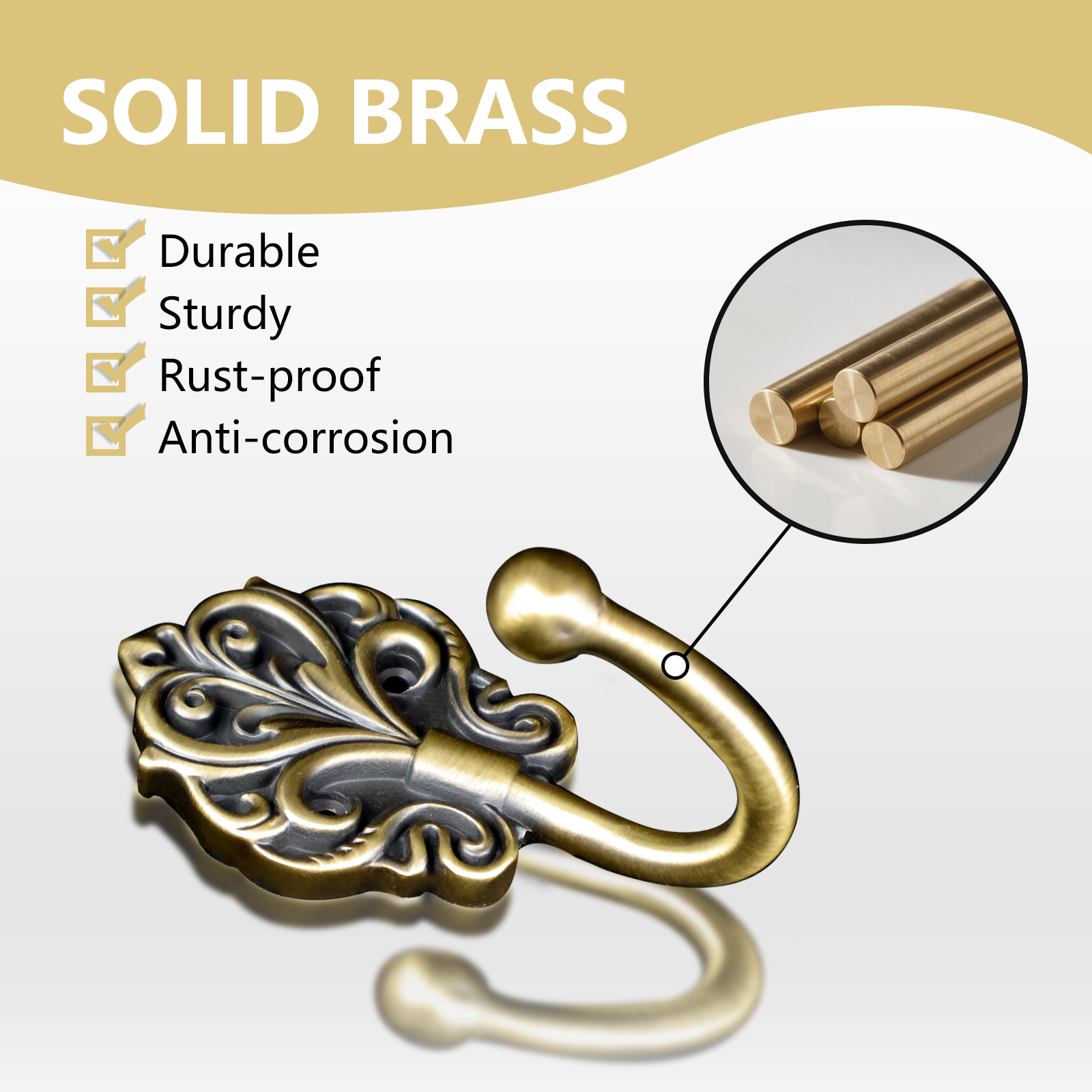 Solid Brass Wall Hooks 2 Pack – Heavy-Duty Decorative Coat Hooks with Antique Floral Design, Rustproof Hangers for Bathroom, Entryway, Bedroom, Closet