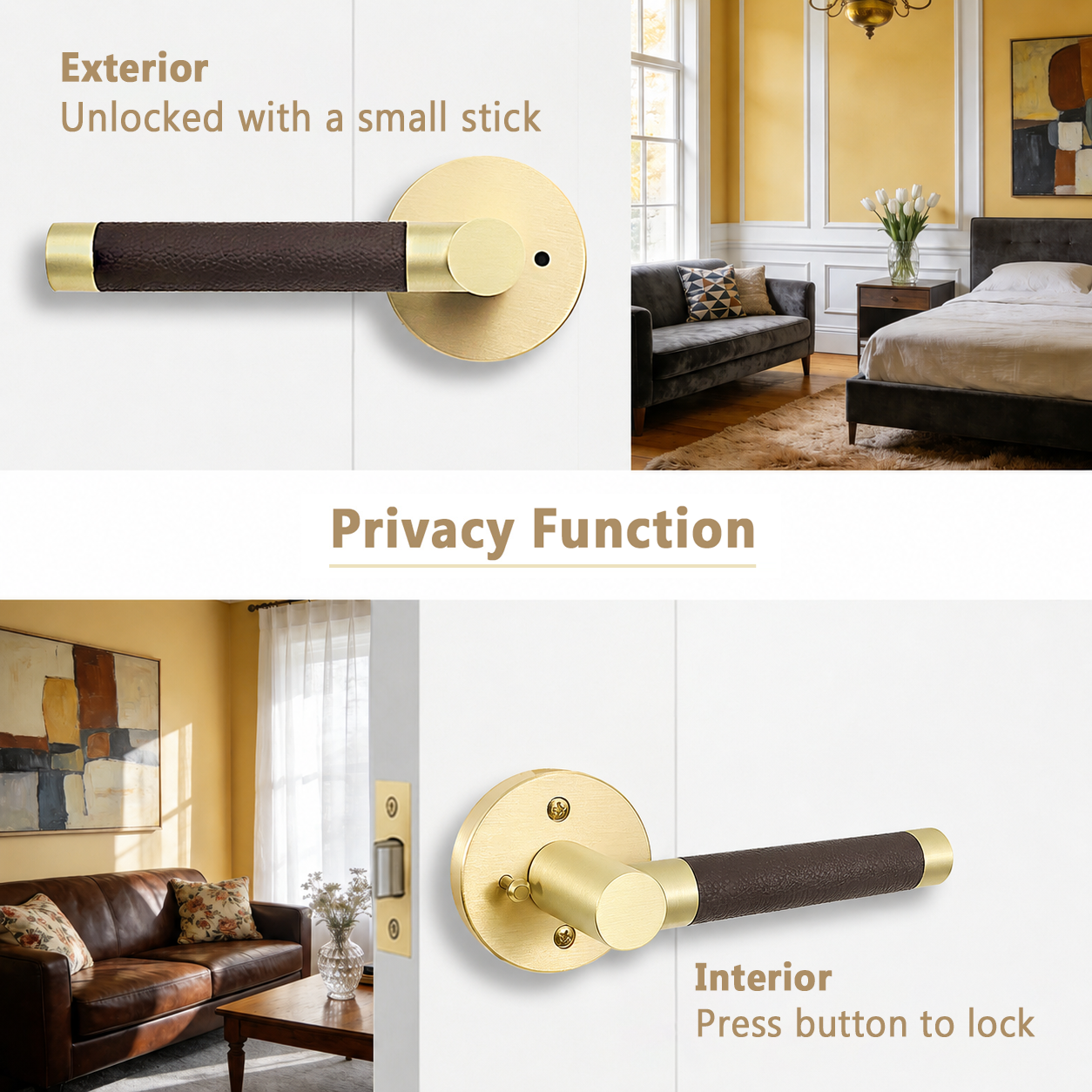 The Art of Tactile Luxury | Heavy-duty Brass & Hand-Stitched Leather Privacy Door Lever for Bedrooms & Bathrooms