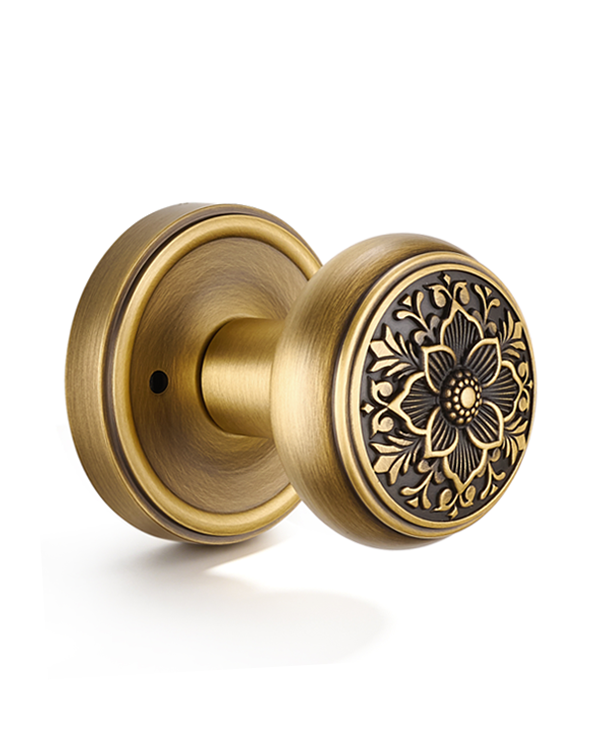 Antique Brass Floral Privacy Door Knob | Brass Vintage Interior Handle for Bedroom & Bathroom