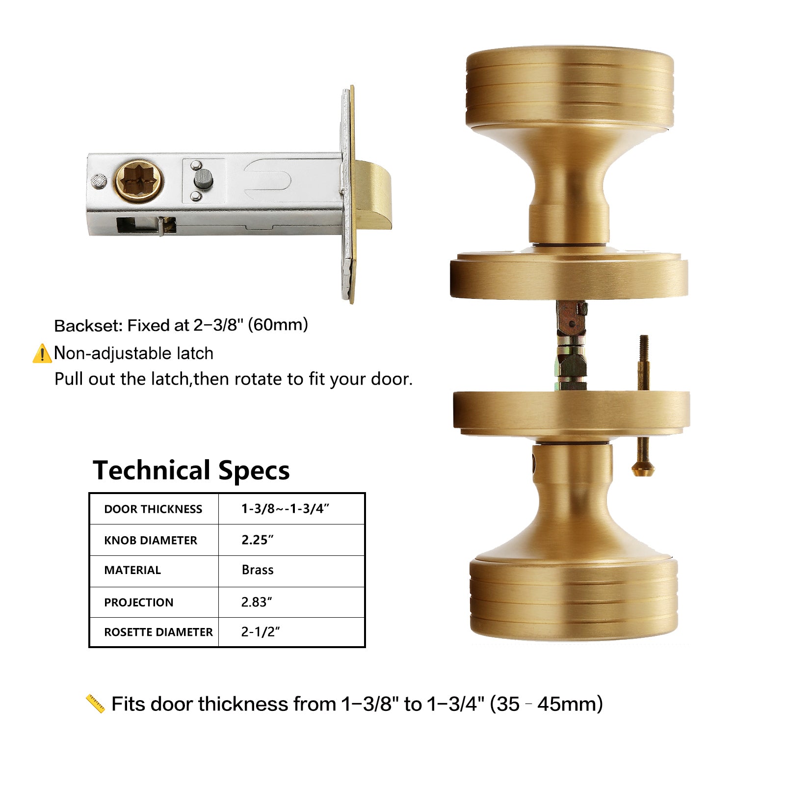 Minimalist Brass Privacy Door Knob – Decorative Groove Design, Brushed Brass Finish, Solid Brass Latch – 60mm Fixed Backset for Bedroom & Bathroom (Brushed Brass, Privacy-2.375 in)
